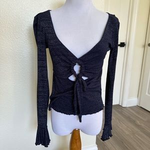 Free People Intimately Keyhole Sparkly Dark Blue Long Sleeve Top